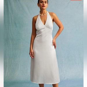 The White Halter Spliced Ruched Satin Midi Dress